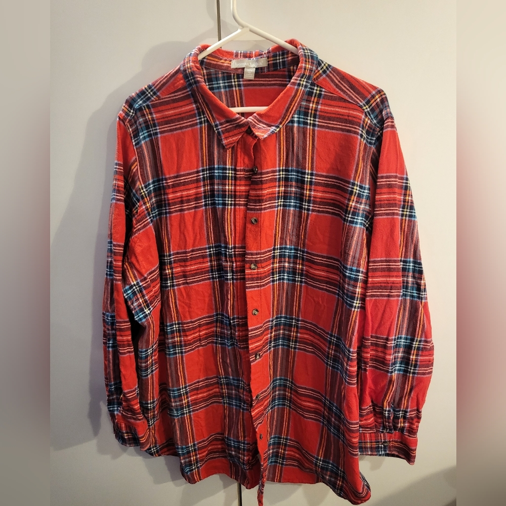 Woman Within 1X Red Flannel Button Down Shirt